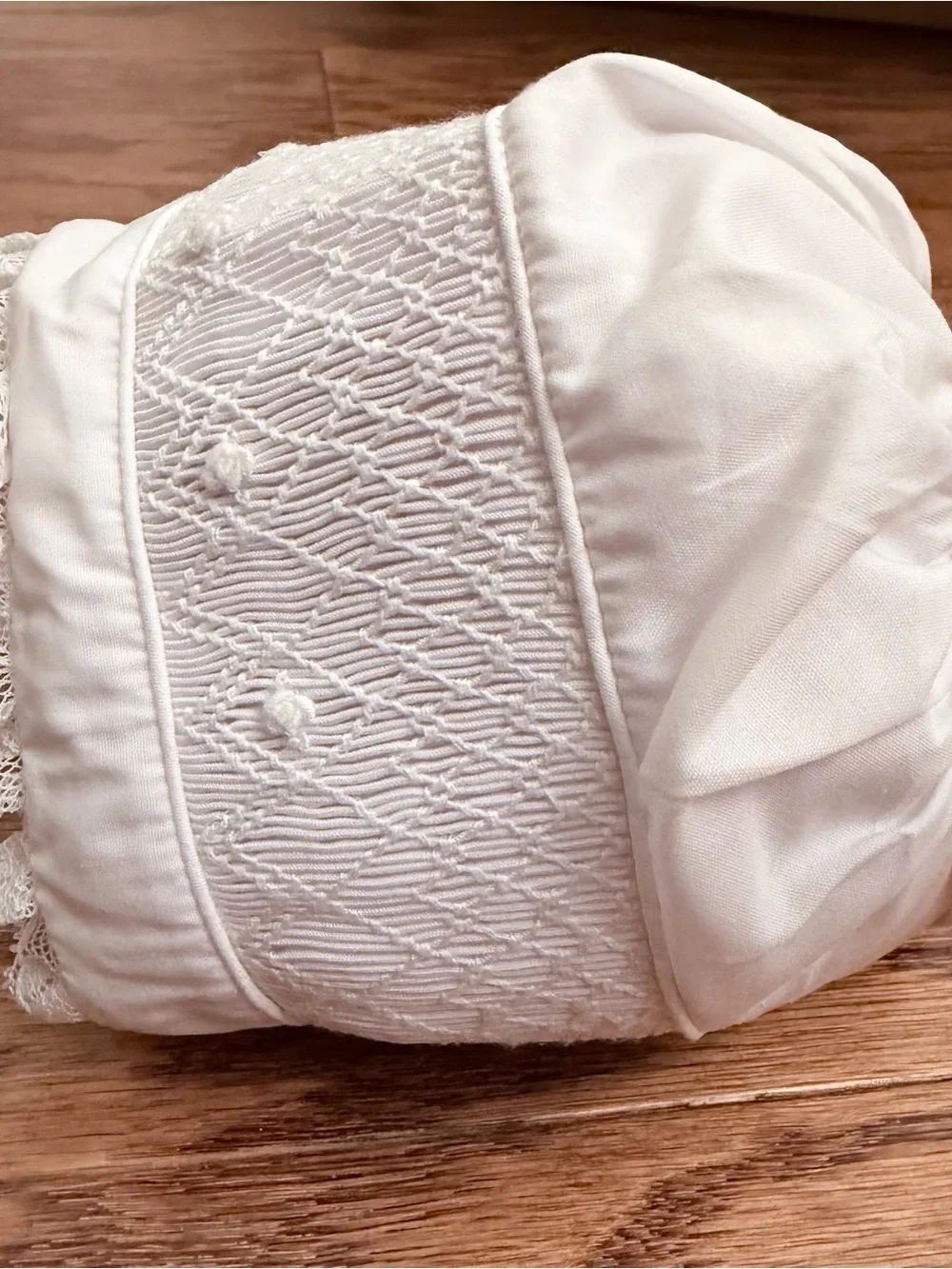 Smocked Classic White Lace-Trim Baby Bonnet